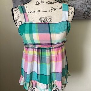 Loft woman’s sleeveless baby doll top, pink & green plaid, size 0 petite